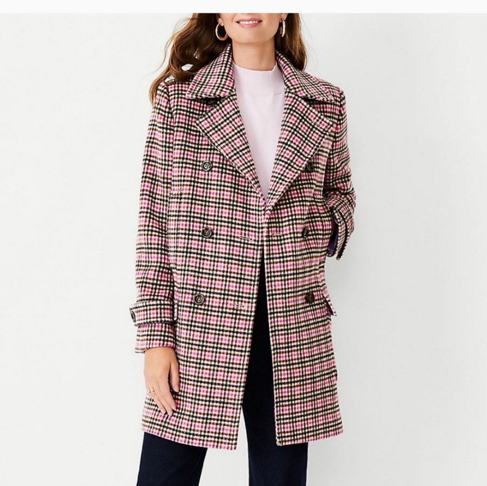 NEW Ann Taylor Chocolate Espresso/Pink Houndstooth Wool Blend Peacoat L
